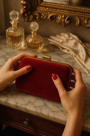 Female hands with red manicure holding a red leather clutch in front of a mirrorの素材