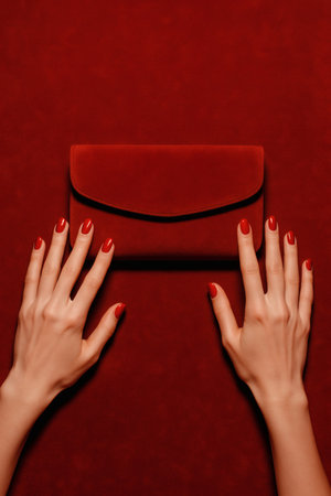 Female hands with red manicure hold a red leather bag on a red backgroundの素材