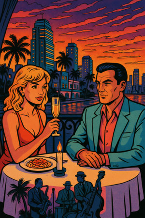 Man and woman on a date in the city. Pop art retro vector illustrationの素材