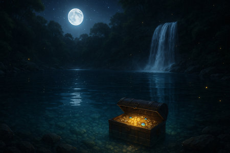 Treasure chest and waterfall in the forest at night. 3D renderingの素材