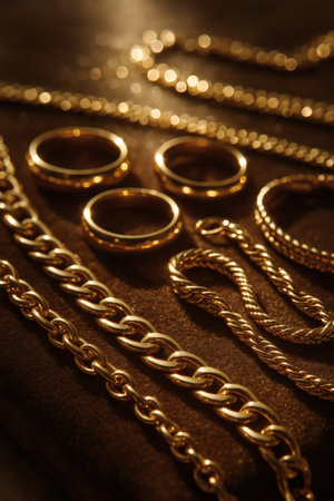 Gold jewelry on a brown background, close-up. Selective focus.の素材