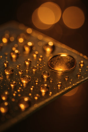 Water drops on a metal plate. Shallow depth of field.の素材