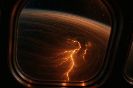 Lightning in the window of an airplane. Close-up.の素材