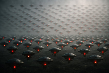 Futuristic flying saucers with red light in the darkの素材