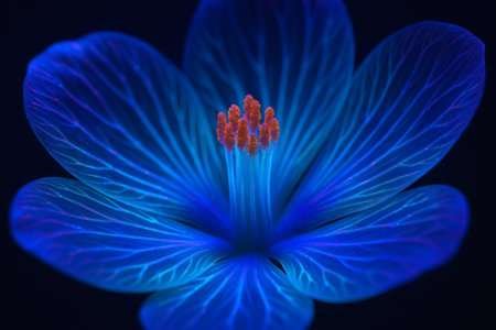 Macro of blue hibiscus flower on dark blue backgroundの素材