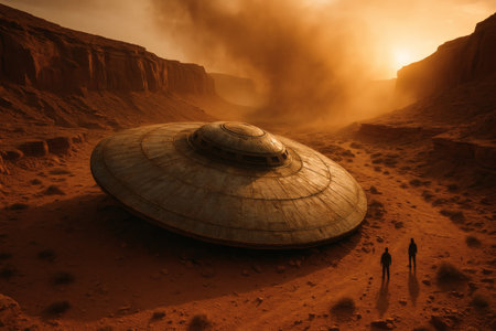UFO in the desert of the planet Mars. 3d renderingの素材