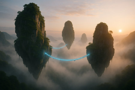 Hanging bridge over misty valley at sunrise, Yangshuo, Guilin, Chinaの素材