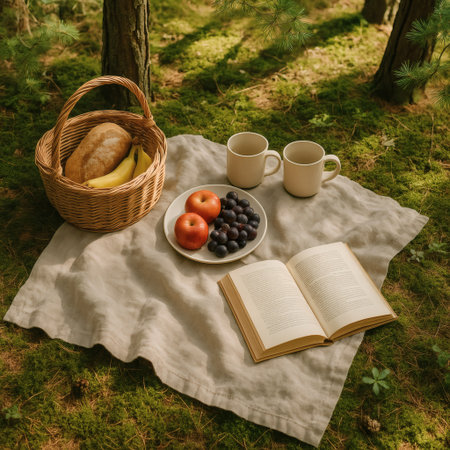 Picnic in the forest, a basket of fruit, a book and a cup of coffeeの素材