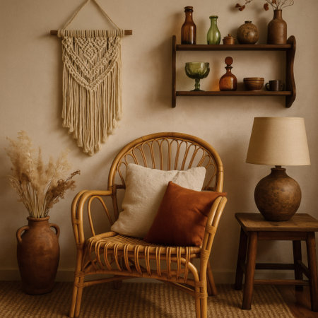 Vintage rattan armchair with cushions and table lamp on the wallの素材