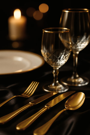 Table setting with golden cutlery on black cloth, closeupの素材