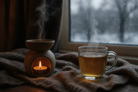 Cup of hot tea with candle on window sill at winter dayの素材
