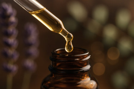 Lavender essential oil in a glass bottle. Selective focus.の素材