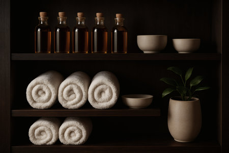 Beautiful spa composition with towels and bottles on wooden shelf against dark backgroundの素材