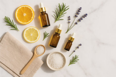 top view of natural cosmetic products with lemon and lavenderle surfaceの素材