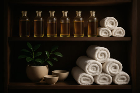Spa still life with towels and aroma oil in bottles on shelfの素材