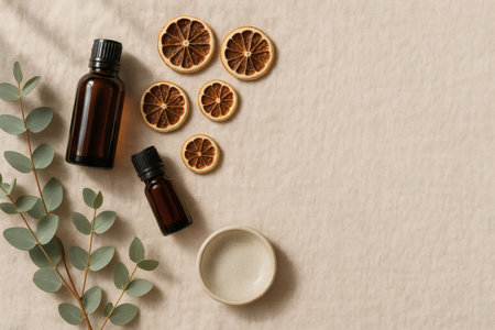 Essential oil with dried oranges and eucalyptus branches on light backgroundの素材