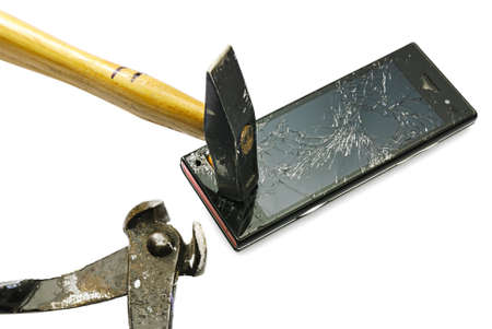  Damaged new smart phone.  Studio photo, isolated on white.