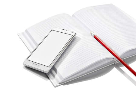 Notebook, phone and pencil isolated on white background  Copy Space の写真素材