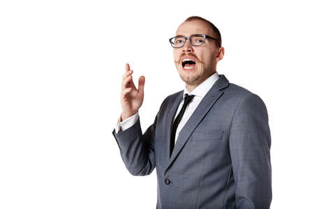 Portrait of sneezing businessman. Isolated on white.の写真素材