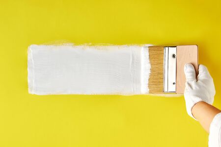 Female hand painting with brush yellow surface in white color. Minimalist home renovation concept.