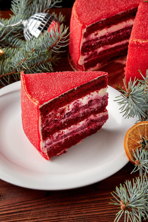 Slice of festive Christmas Red velvet cake on white plate on wooden table with fir tree branch.