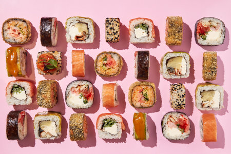 Top view of various sushi rolls on pink background.の写真素材