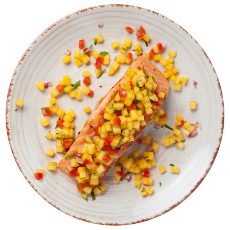 Grilled salmon fillet with mango salsa isolated on white background. Healthy eatingの写真素材