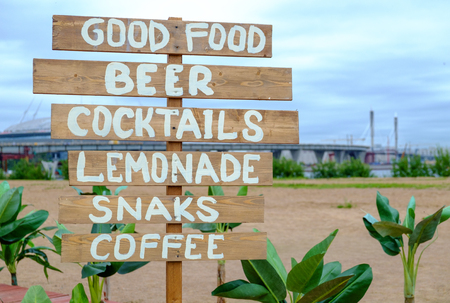 Cafe signpost summer and holiday landscapeの写真素材