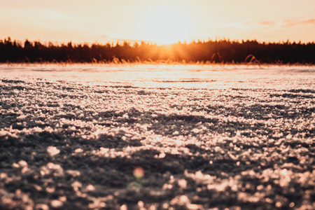 Sun is going down behind the forest far away on the lake. Picture taken from low point of view. Vintage effectの写真素材