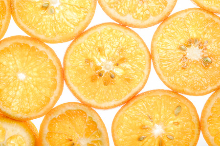 Bright sweet mandarin slices. Juicy transparent fruit on white