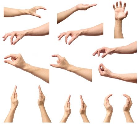 Set of man hands measuring invisible items. Isolated on whiteの写真素材