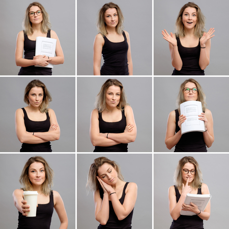 Collage of beautiful girl with different facial expressionsの写真素材