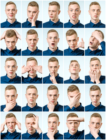 Set of young man's portraits with different emotions and gestures isolatedの写真素材