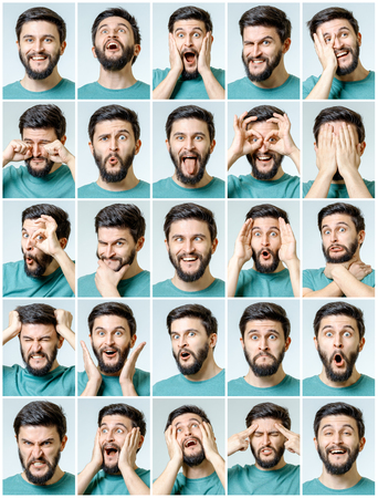 Set of young man's portraits with different emotions and gestures isolatedの写真素材