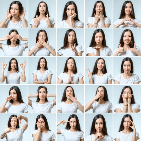 Collage of beautiful girl with different facial expressions isolatedの写真素材