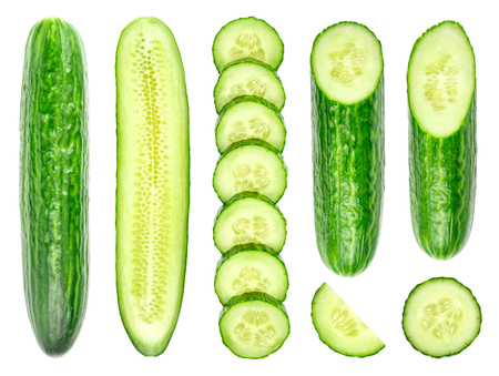 Collection of fresh green cucumbers isolated on white background. Set of multiple images. Part of seriesの写真素材