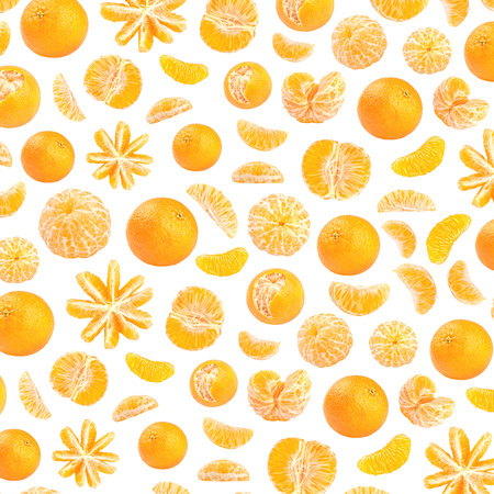 Fresh orange mandarin photographic pattern. Mandarin wallpaper. Isolated on white background