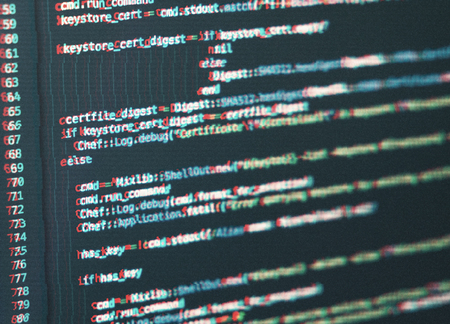 Software source code over digital glitch effect addedの写真素材