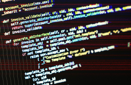 Software source code over digital glitch effect addedの写真素材