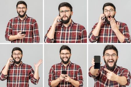 Set of handsome emotional man using mobile phone, texting and talking. Isolated over gray background