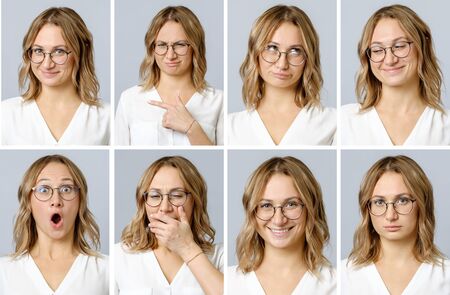 Collage of beautiful woman with different facial expressions and gestures isolated on gray background. Set of multiple images