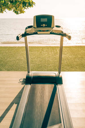 Outdoor fitness equipment on the coast of the seaの写真素材