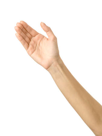 Giving, reaching or holding hand. Woman hand with french manicure gesturing isolated on white background. Part of seriesの写真素材