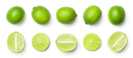 Collection of limes isolated on white background. Set of multiple images. Part of seriesの写真素材