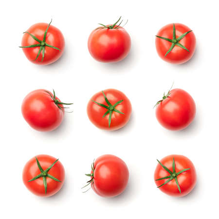 Collection of red tomatoes isolated on white backgroundの写真素材