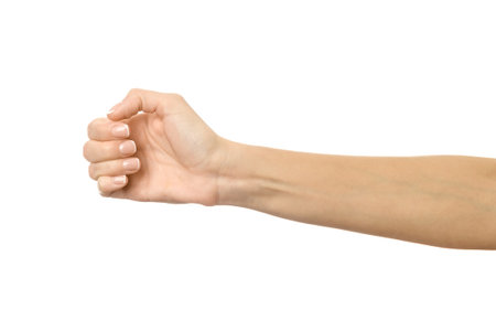 Finger reaching or scratching. Woman hand with french manicure gesturing isolated on white background. Part of seriesの写真素材