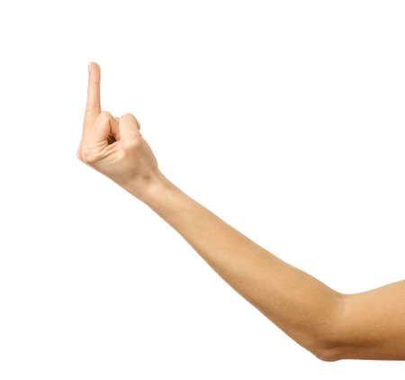 Middle finger gesture. Woman hand with french manicure gesturing isolated on white background. Part of seriesの写真素材