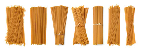 Collection of buckwheat pasta isolated on white backgroundの写真素材