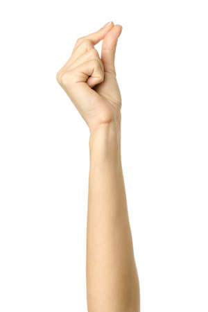 Giving, reaching or holding hand. Woman hand gesturing isolated on whiteの写真素材