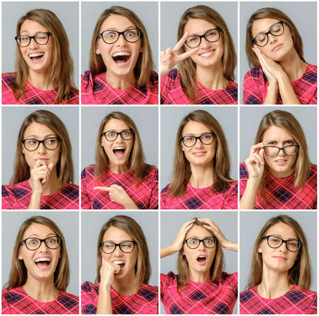 Set of beautiful girl in red dress with different facial expressions isolatedの写真素材